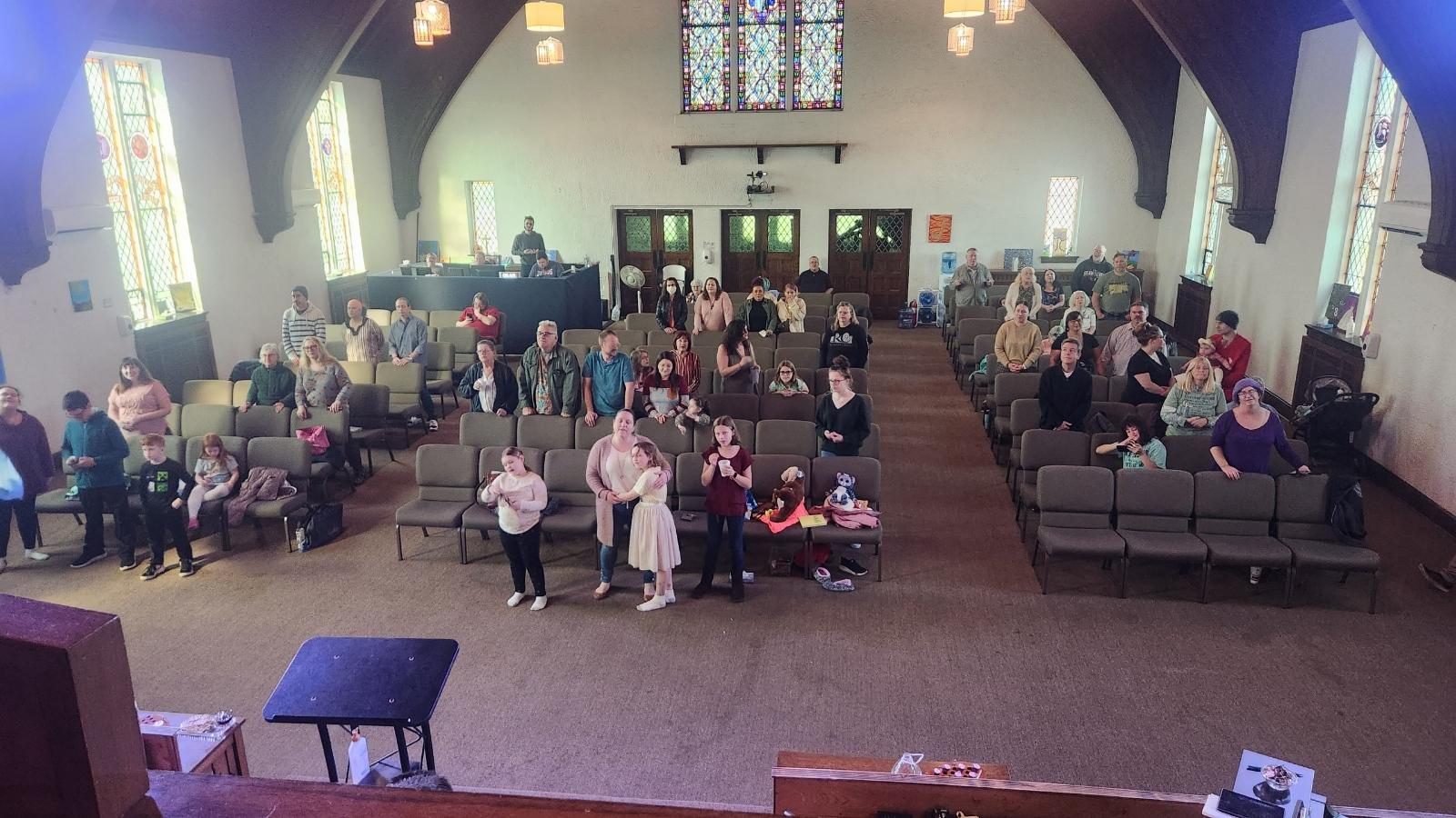 View across the sanctuary during service at Tree of Life Open Bible Church